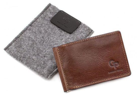 Коньячний шкіряний затискач для грошей з монетницею Grande Pelle 125623