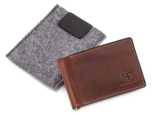 Коньячний шкіряний затискач для грошей з монетницею Grande Pelle 125123