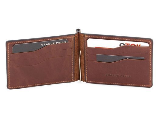 Шкіряний затискач для грошей коньячного кольору Grande Pelle 105123